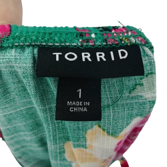 Torrid Floral Button Up Corset Laceup Tank Top Size 1X Plus Green Flower Pink - Picture 2 of 10